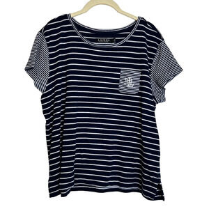 Lauren Ralph Lauren Womens Knit Top Large Navy White Striped LRL Logo
